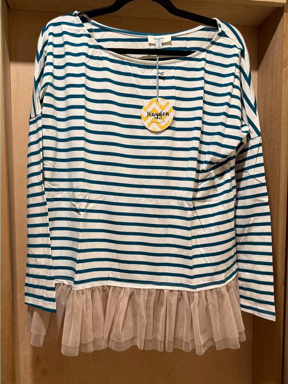 Hayden Los Angeles Teal Stripe Tulle-Hem Long Sleeve Top Size Medium New